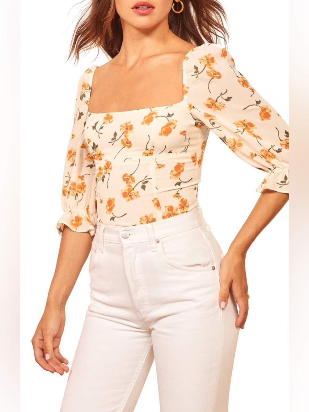 REFORMATION GEORGIA SQUARE NECK FLORAL CROPPED TOP